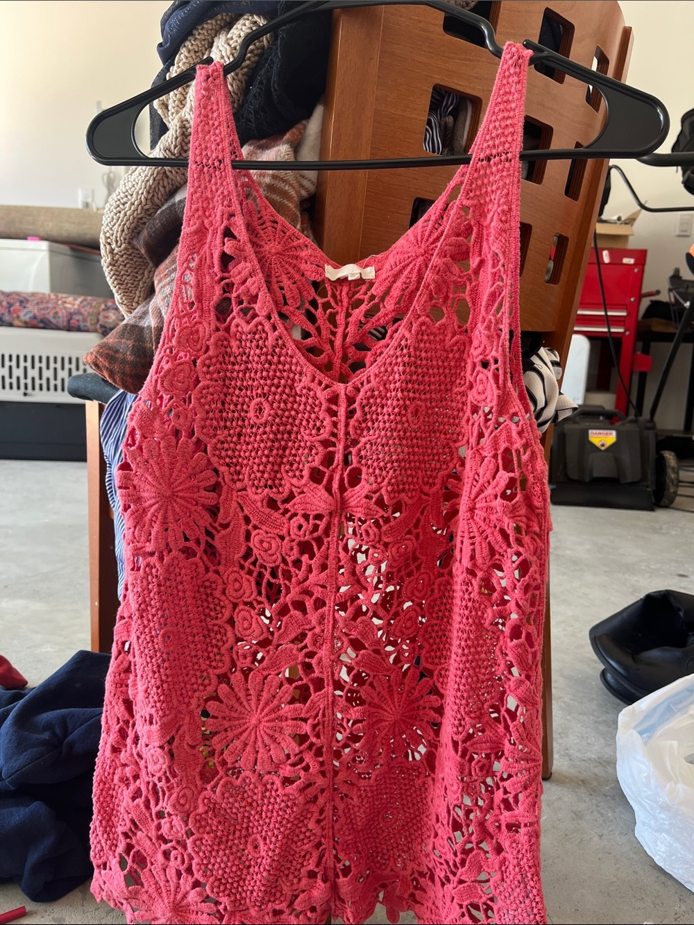 Tulle Crochet Floral Tank Top in Coral